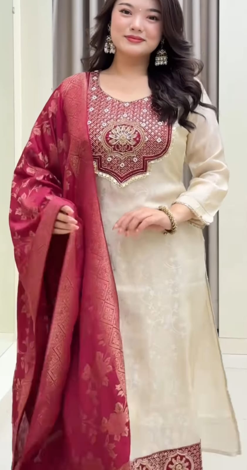 Pure Banarasi Jacquard Kurta Set with Embroidered Neck & Banarasi Dupatta