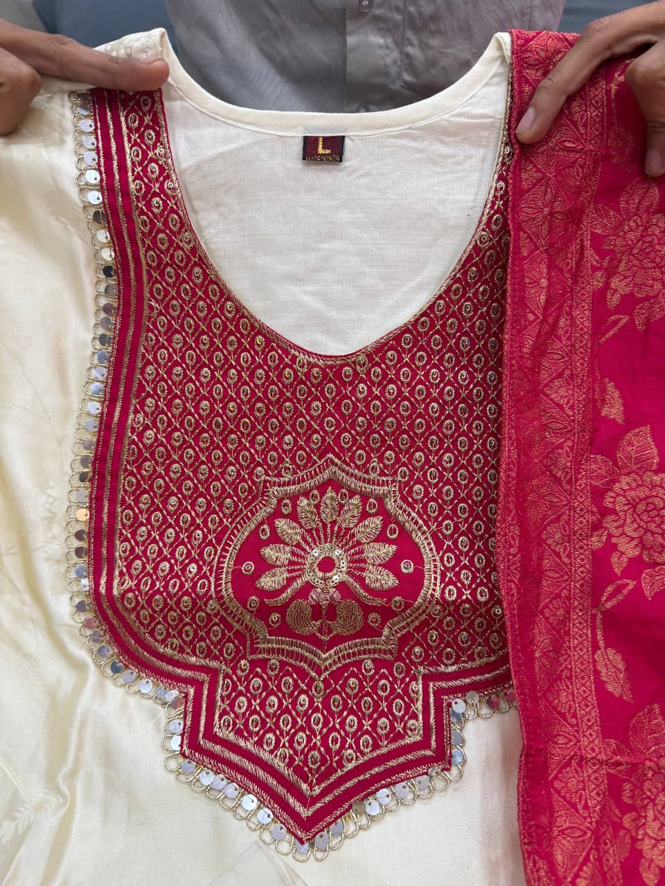 Pure Banarasi Jacquard Kurta Set with Embroidered Neck & Banarasi Dupatta