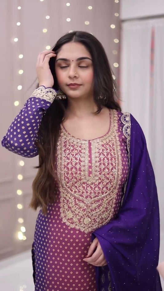 Royal Purple Printed Chinon Kurta Set with Sequin Embroidery & Dupatta