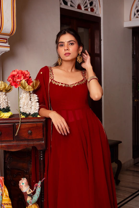 Red Georgette Anarkali Kurta Set with Real Mirror Work, Palazzo & Dupatta