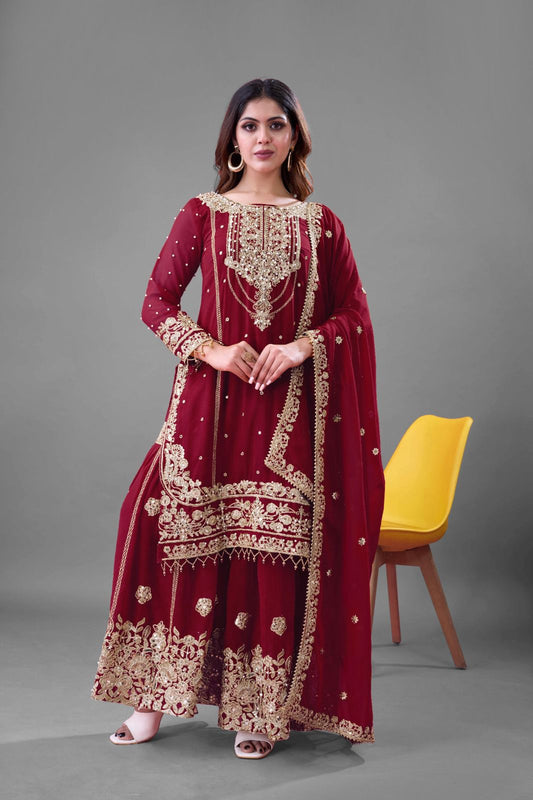 Wine Faux Georgette Embroidered Sharara Suit with Dupatta