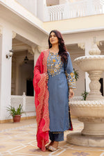 Blue Denim Cotton Embroidered Kurta Pant Set with Pink Georgette Dupatta