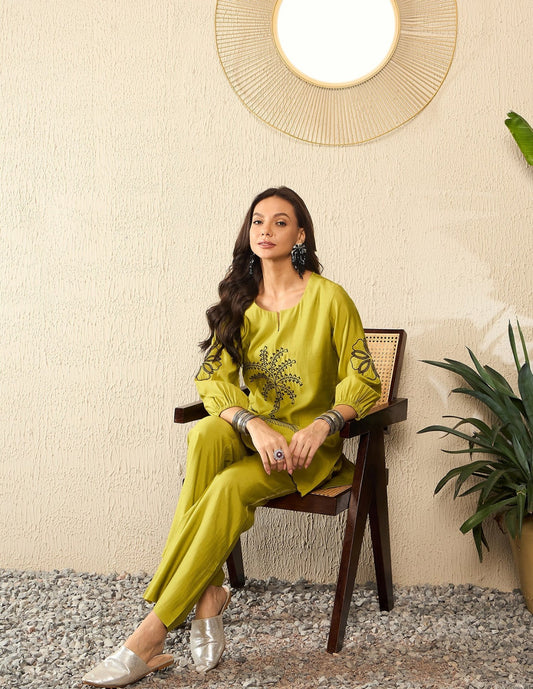 Mustard Crepe Embroidered Co-Ord Set for Women