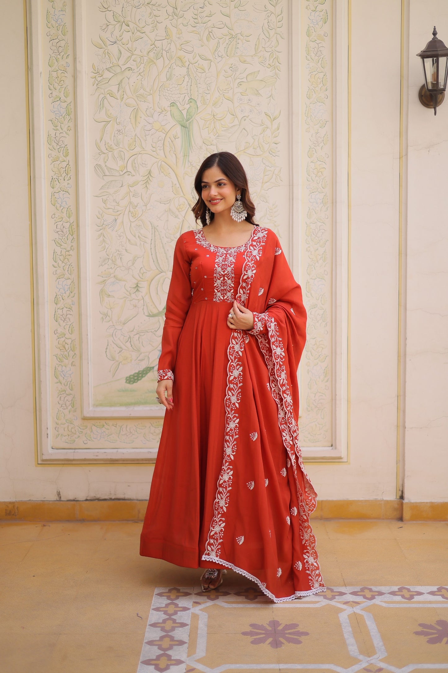 Rust Red Mal Chanderi Embroidered Gown Set with Beads Work & Designer Dupatta