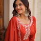 Rust Red Mal Chanderi Embroidered Gown Set with Beads Work & Designer Dupatta