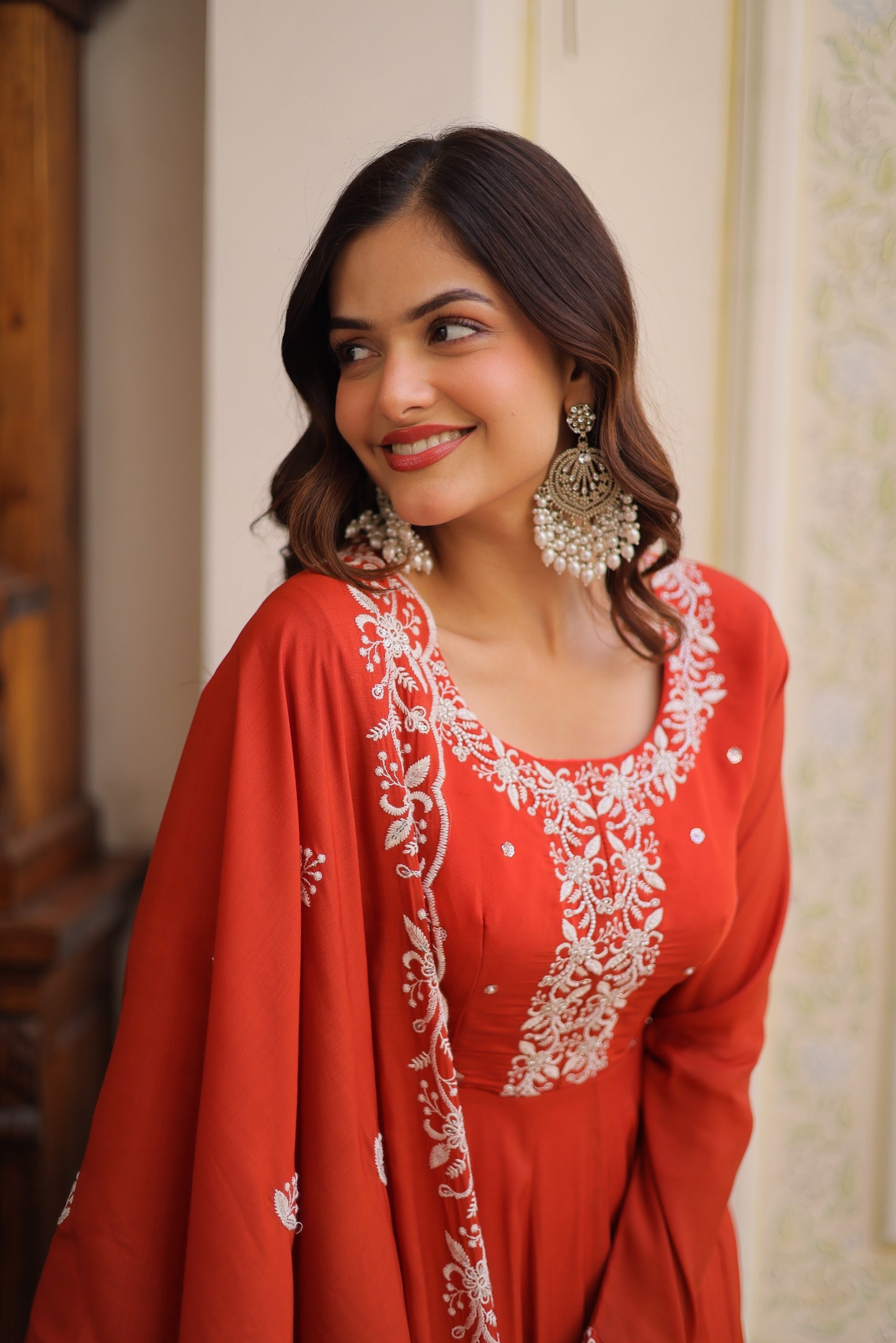 Rust Red Mal Chanderi Embroidered Gown Set with Beads Work & Designer Dupatta