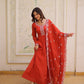 Rust Red Mal Chanderi Embroidered Gown Set with Beads Work & Designer Dupatta