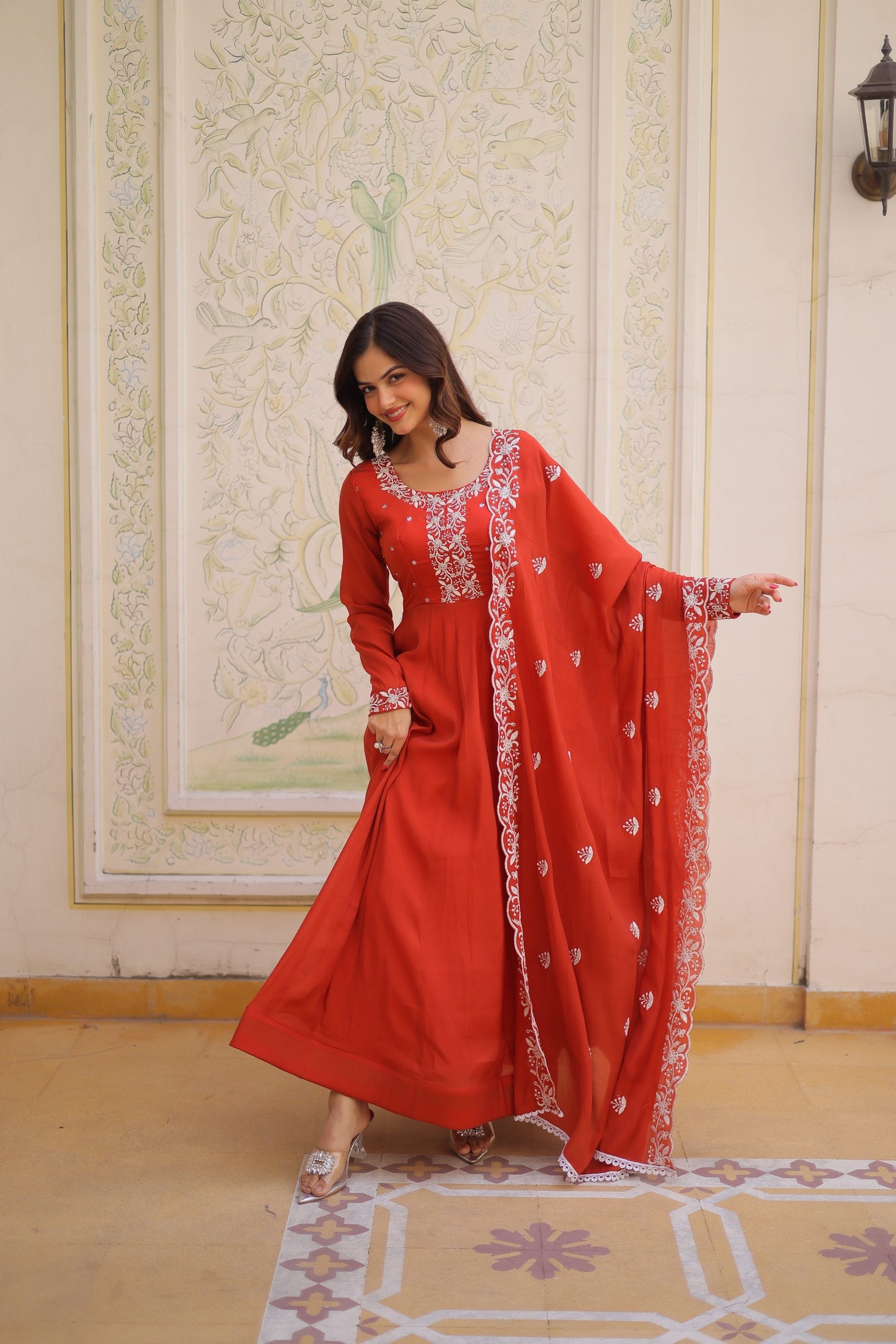 Rust Red Mal Chanderi Embroidered Gown Set with Beads Work & Designer Dupatta