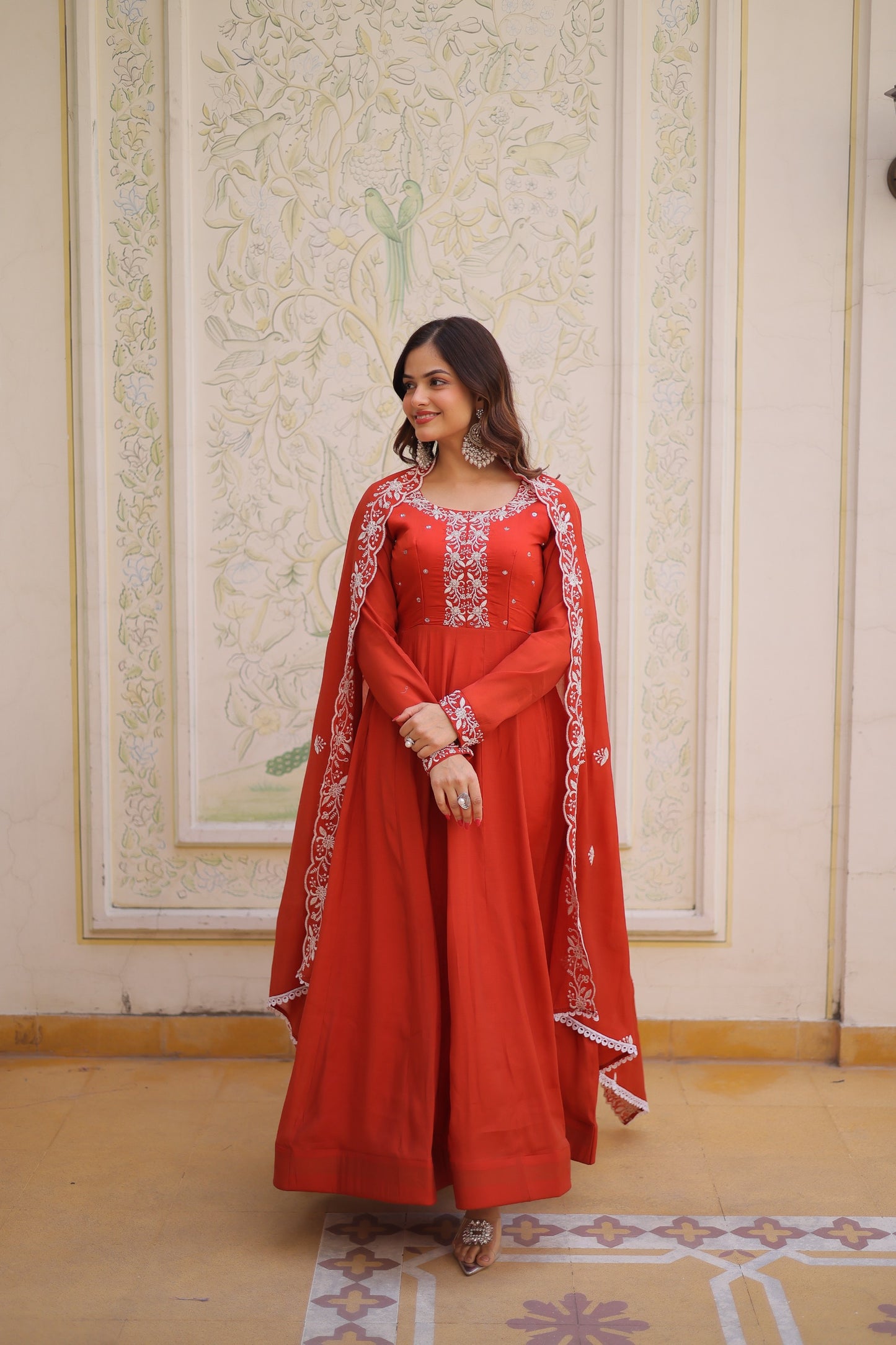 Rust Red Mal Chanderi Embroidered Gown Set with Beads Work & Designer Dupatta