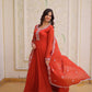 Rust Red Mal Chanderi Embroidered Gown Set with Beads Work & Designer Dupatta