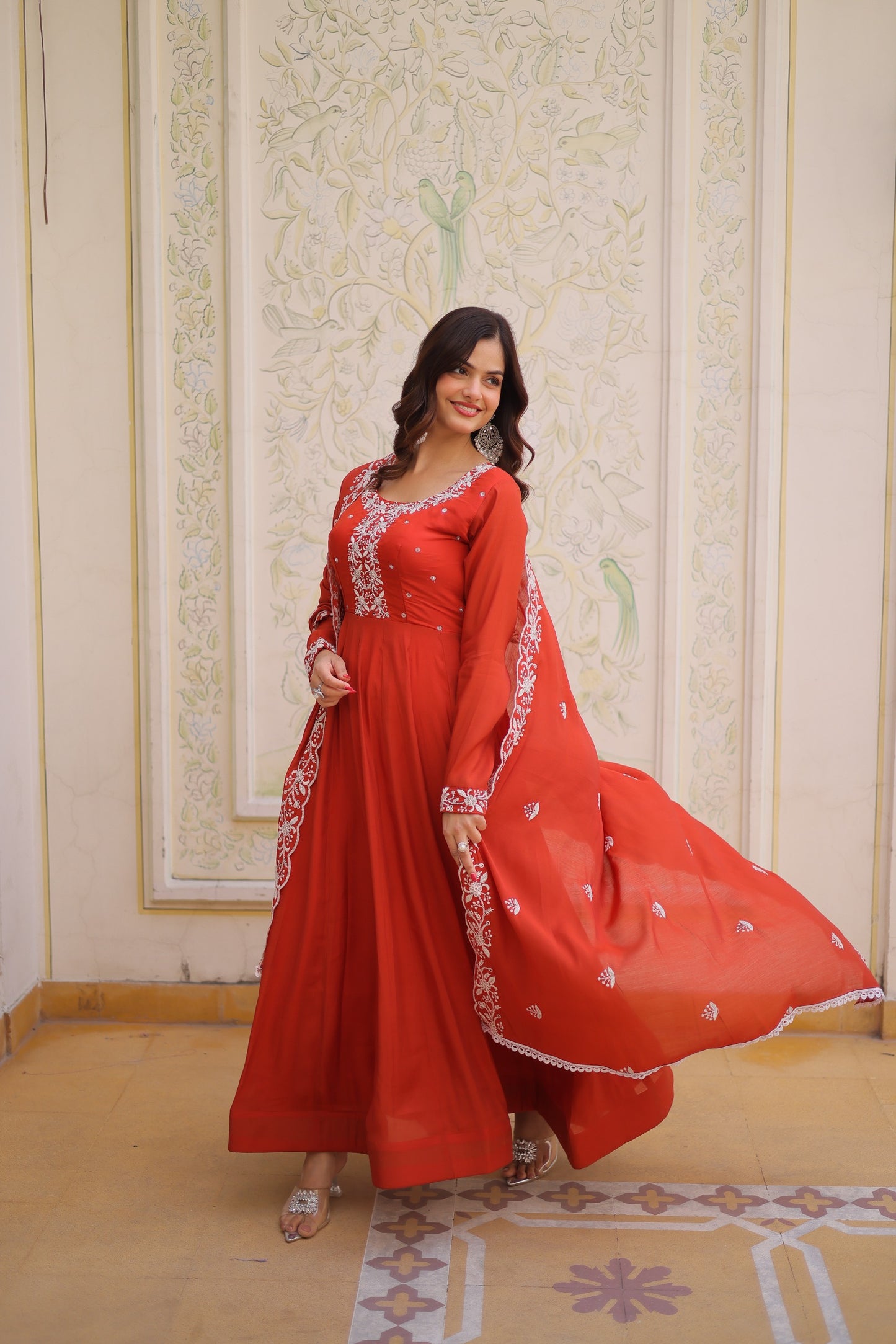 Rust Red Mal Chanderi Embroidered Gown Set with Beads Work & Designer Dupatta