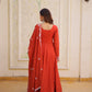 Rust Red Mal Chanderi Embroidered Gown Set with Beads Work & Designer Dupatta