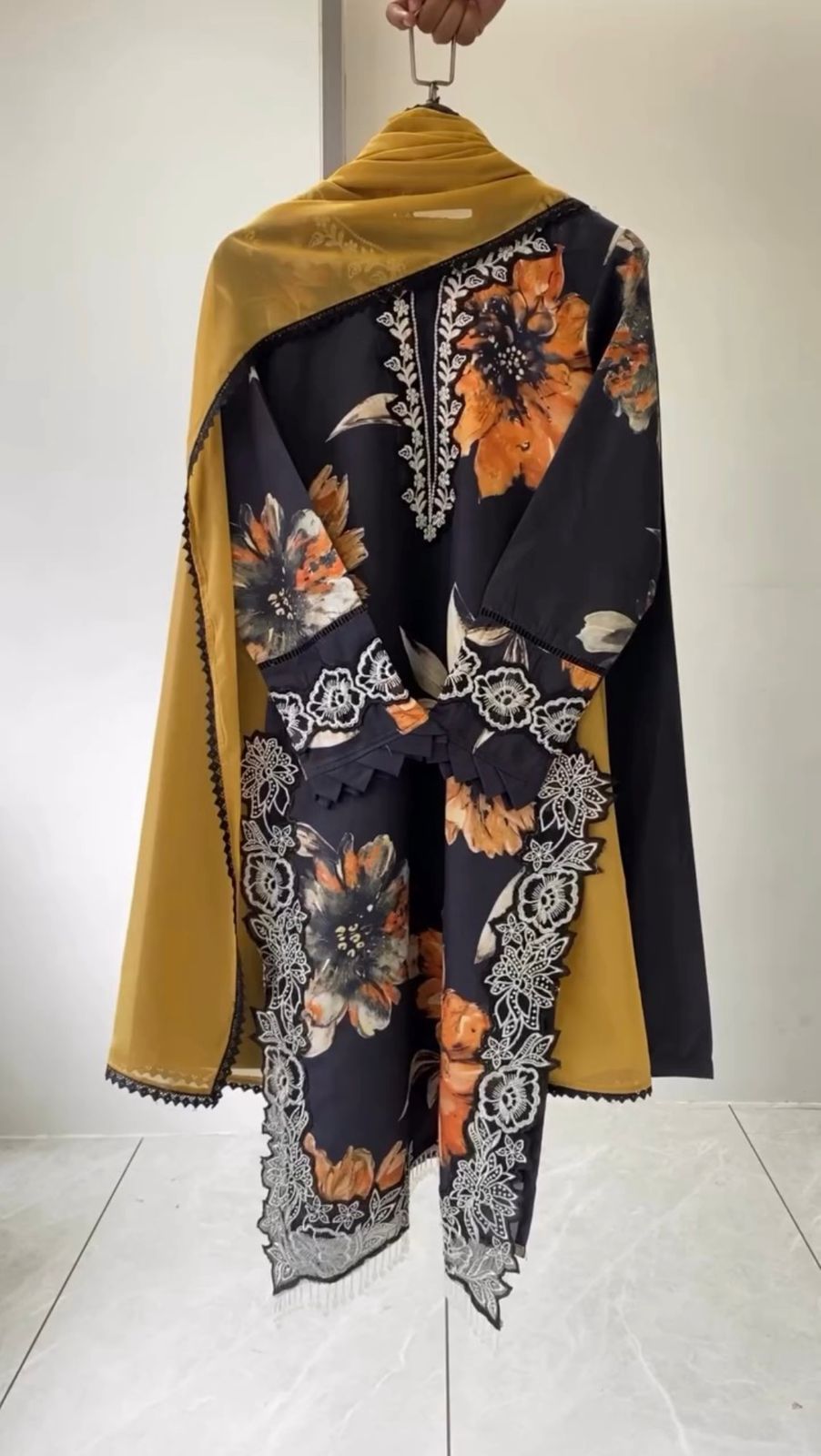 Black Printed Muslin Pakistani Suit Set with Dupatta