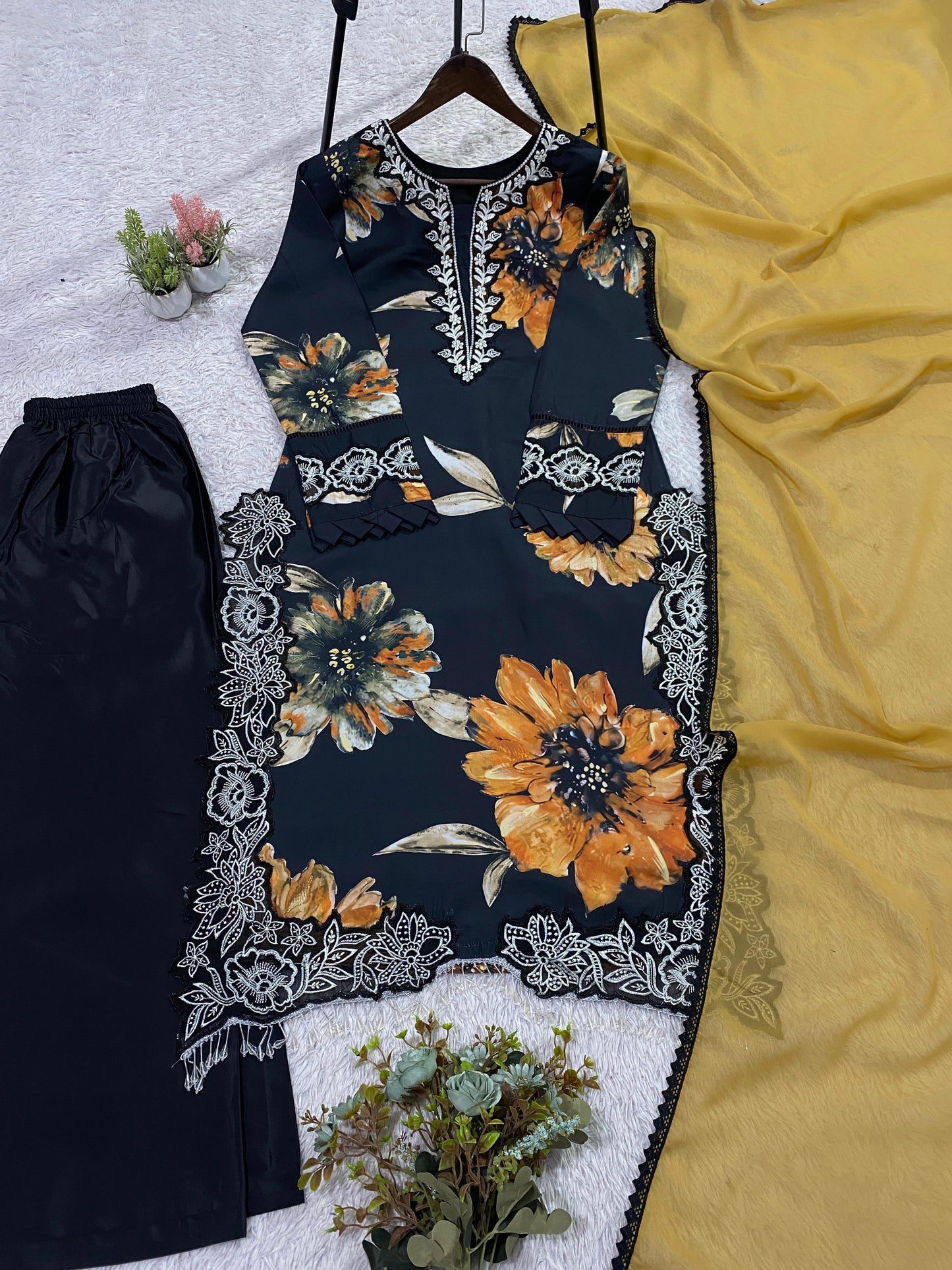 Black Printed Muslin Pakistani Suit Set with Dupatta
