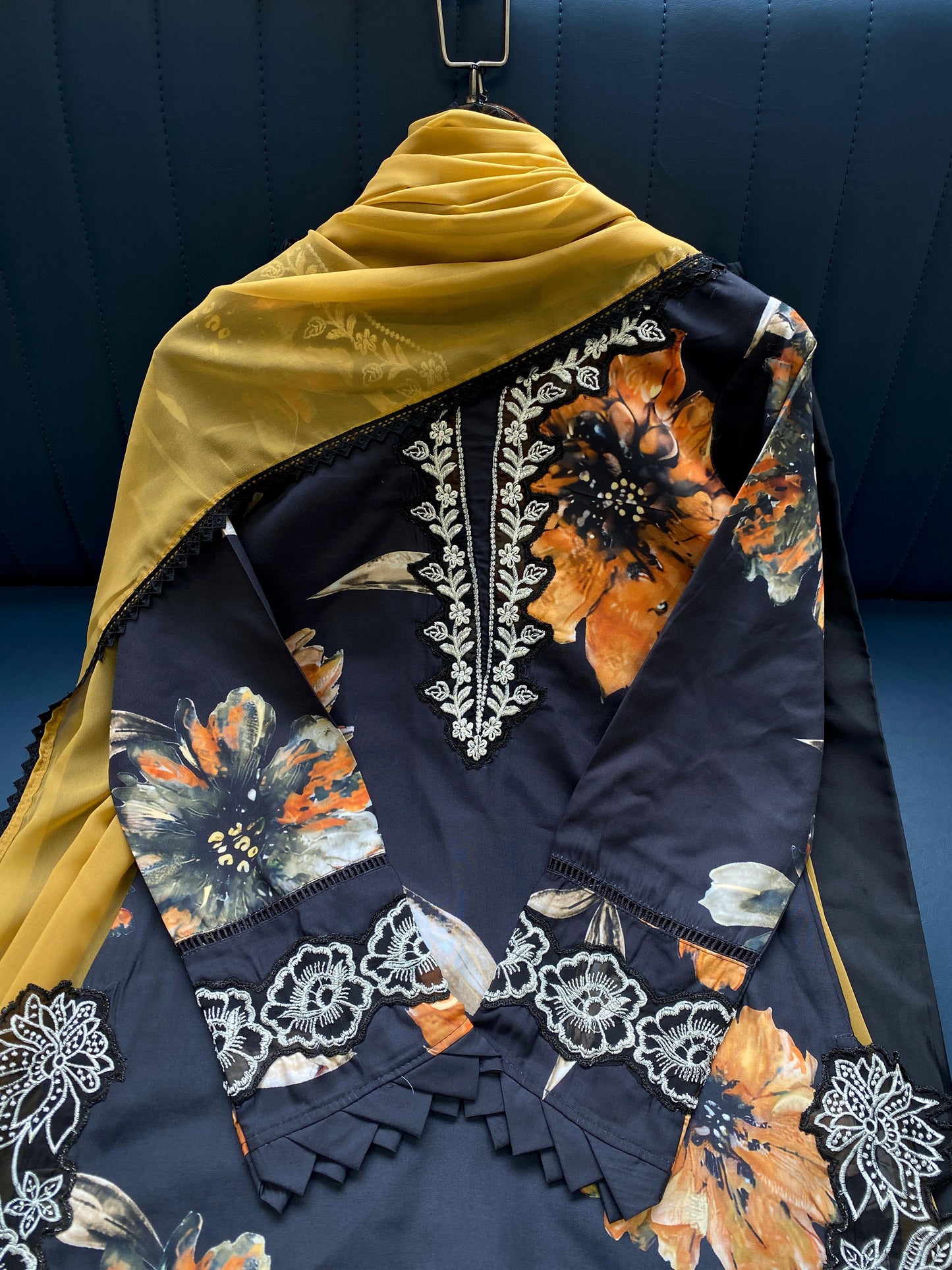 Black Printed Muslin Pakistani Suit Set with Dupatta