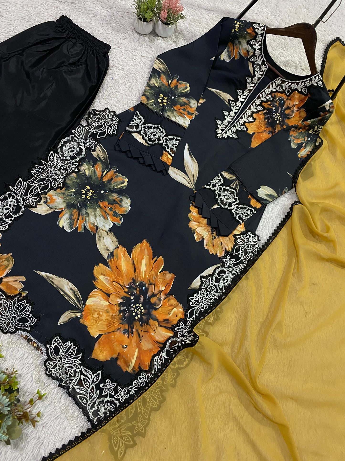 Black Printed Muslin Pakistani Suit Set with Dupatta