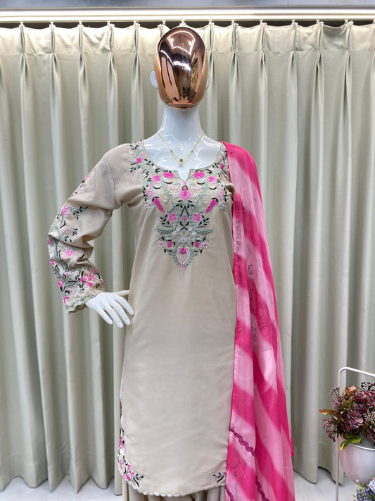 Beige Embroidered Farsi Salwar Suit Set with Pink Organza Dupatta