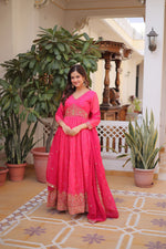 Hot Pink Russian Silk Embroidered Gown Set with Zari Sequins Work & Dupatta