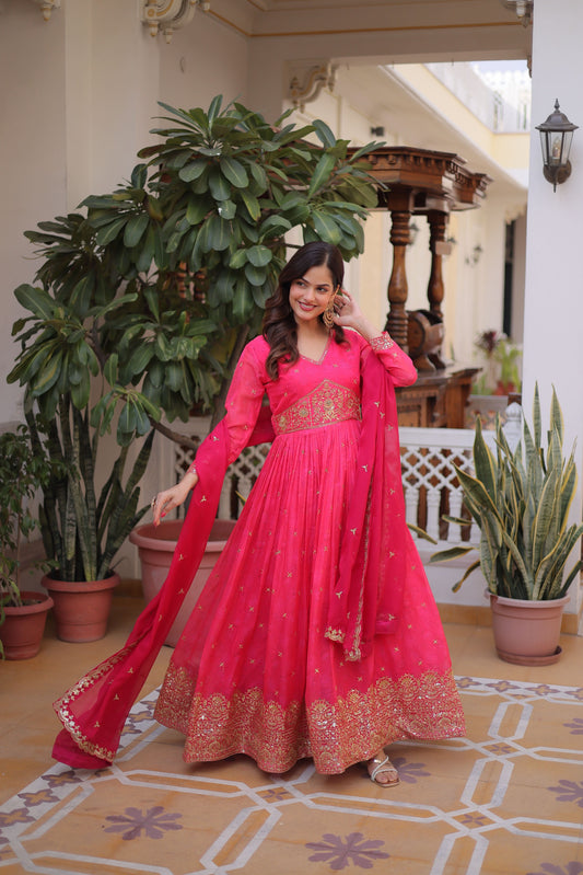 Hot Pink Russian Silk Embroidered Gown Set with Zari Sequins Work & Dupatta