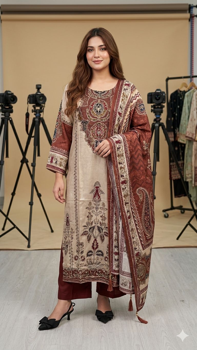 Cream Printed Chinon Suit Set with Rust Brown Dupatta