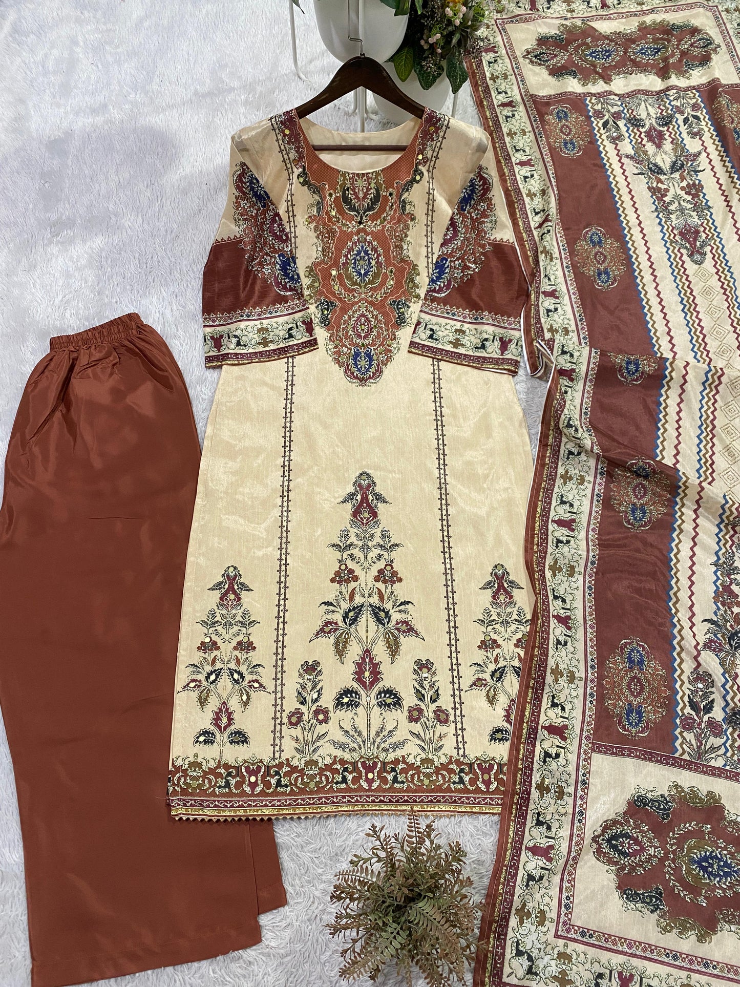Cream Printed Chinon Suit Set with Rust Brown Dupatta