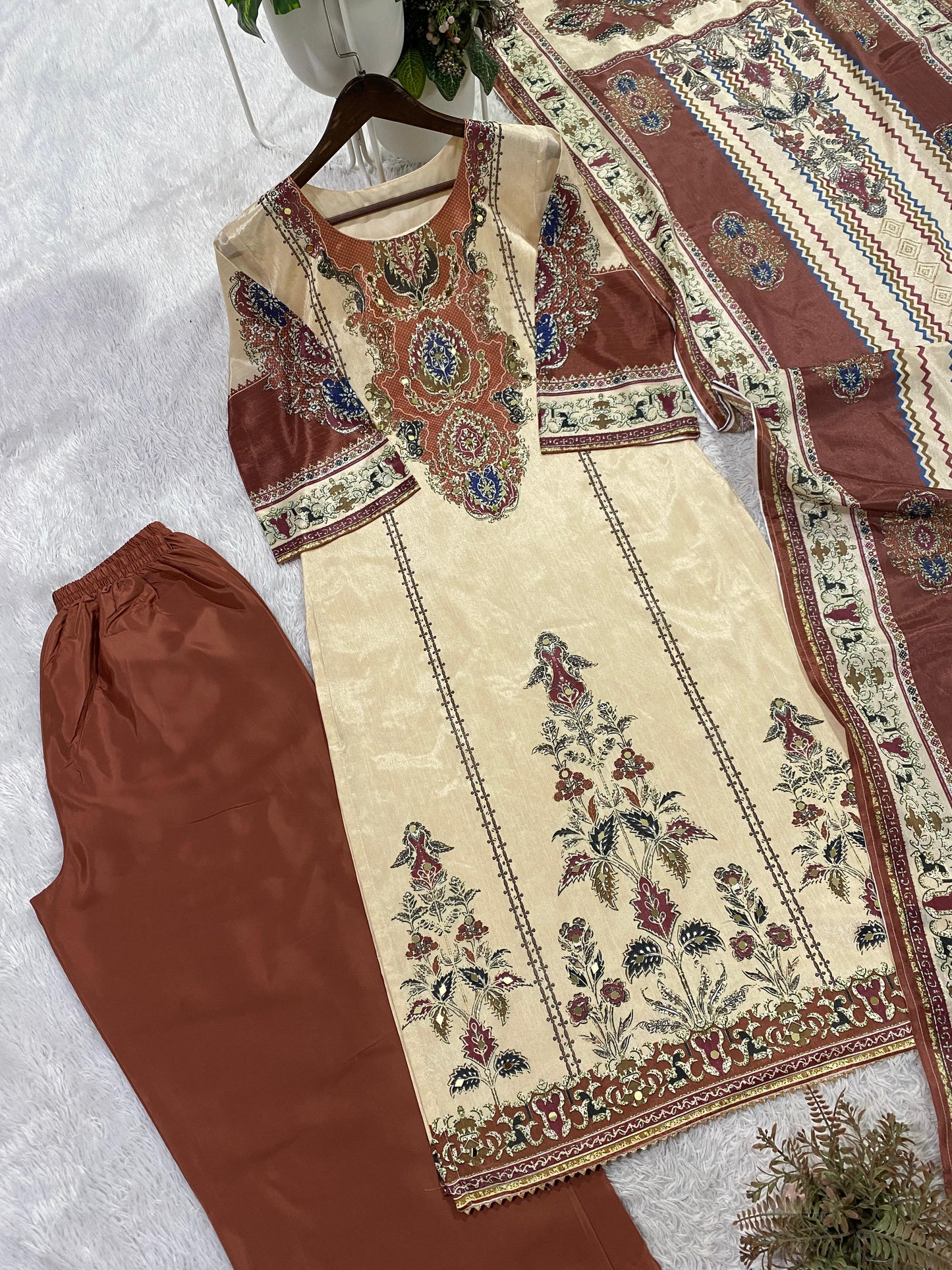 Cream Printed Chinon Suit Set with Rust Brown Dupatta