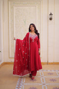 Wine Red Mal Chanderi Embroidered Gown Set with Pant & Designer Lace Dupatta