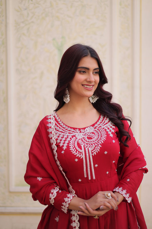 Wine Red Mal Chanderi Embroidered Gown Set with Pant & Designer Lace Dupatta