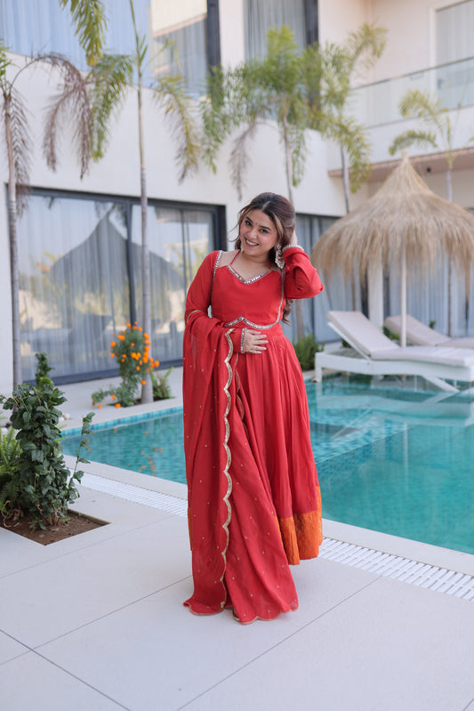 Rust Red Mul Chanderi Anarkali Kurta Set with Mirror Lace Work & Sequins Dupatta