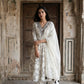 Off White French Crepe Anarkali Suit Set with Black Floral Print & Organza Dupatta