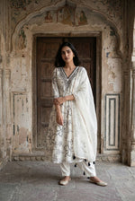 Off White French Crepe Anarkali Suit Set with Black Floral Print & Organza Dupatta