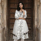Off White French Crepe Anarkali Suit Set with Black Floral Print & Organza Dupatta