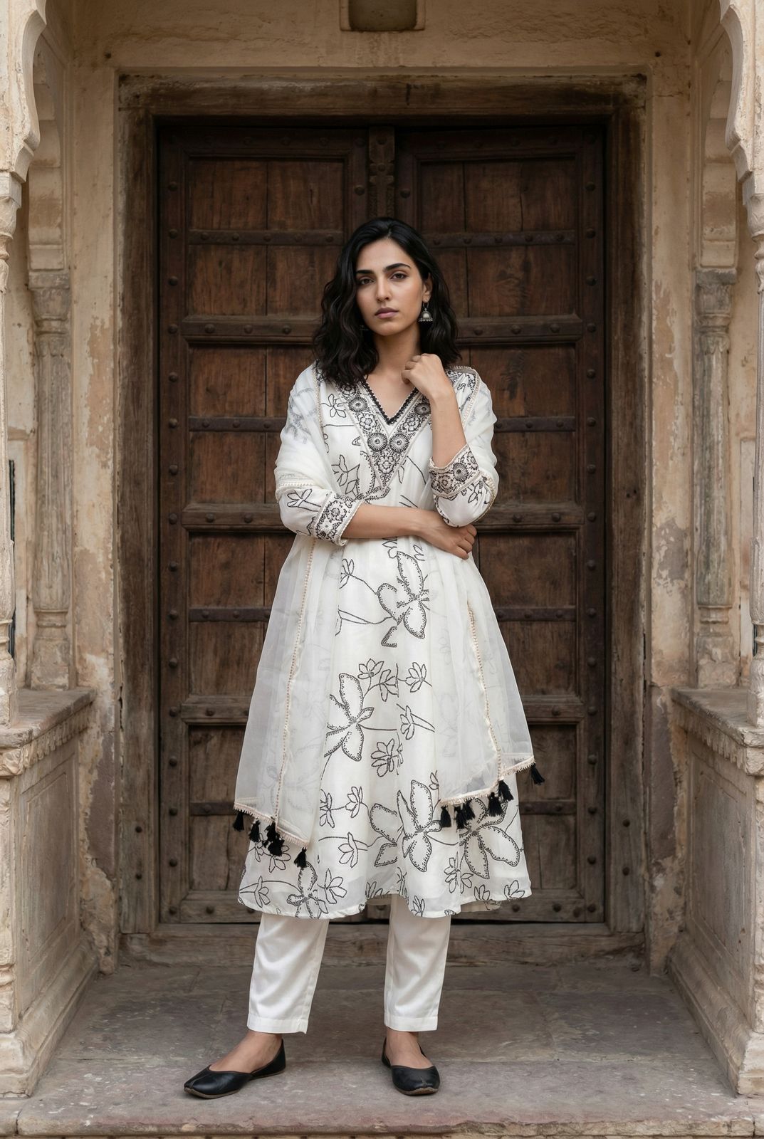 Off White French Crepe Anarkali Suit Set with Black Floral Print & Organza Dupatta
