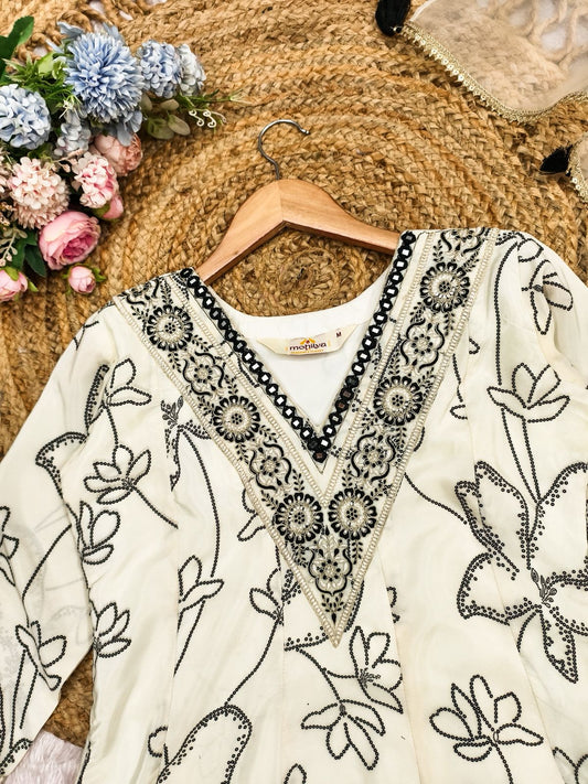 Off White French Crepe Anarkali Suit Set with Black Floral Print & Organza Dupatta