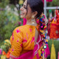 Orange French Crepe Anarkali Suit Set with Pink Abstract Print & Organza Dupatta