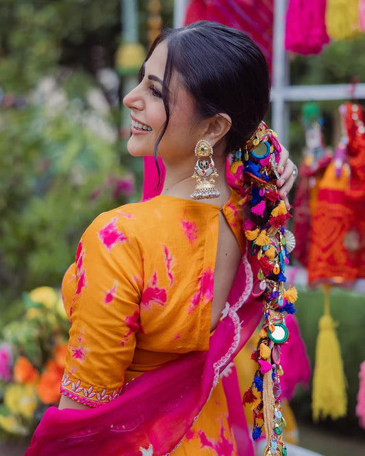 Orange French Crepe Anarkali Suit Set with Pink Abstract Print & Organza Dupatta
