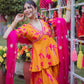 Orange French Crepe Anarkali Suit Set with Pink Abstract Print & Organza Dupatta