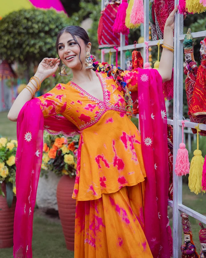Orange French Crepe Anarkali Suit Set with Pink Abstract Print & Organza Dupatta