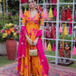 Orange French Crepe Anarkali Suit Set with Pink Abstract Print & Organza Dupatta
