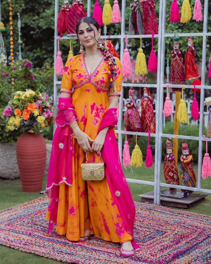 Orange French Crepe Anarkali Suit Set with Pink Abstract Print & Organza Dupatta