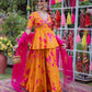 Orange French Crepe Anarkali Suit Set with Pink Abstract Print & Organza Dupatta