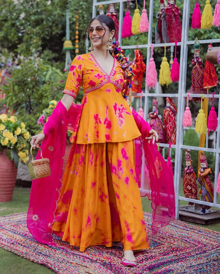 Orange French Crepe Anarkali Suit Set with Pink Abstract Print & Organza Dupatta