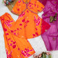 Orange French Crepe Anarkali Suit Set with Pink Abstract Print & Organza Dupatta
