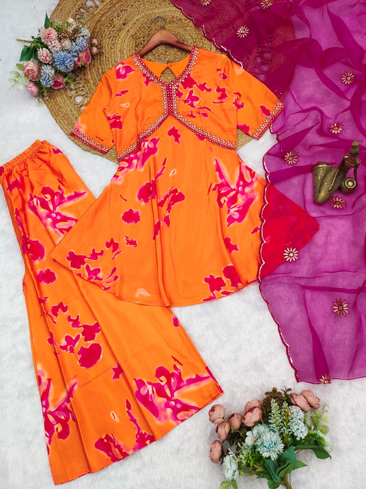 Orange French Crepe Anarkali Suit Set with Pink Abstract Print & Organza Dupatta