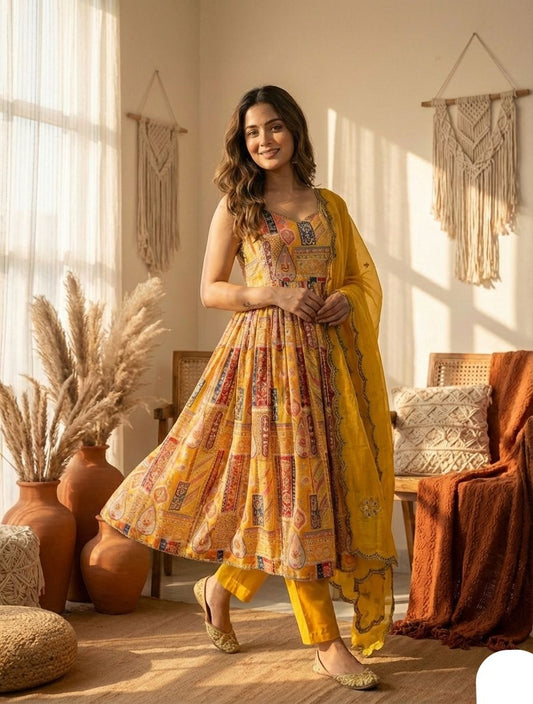 Yellow Modal Satin Anarkali Suit Set with Ethnic Patch Print & Organza Dupatta
