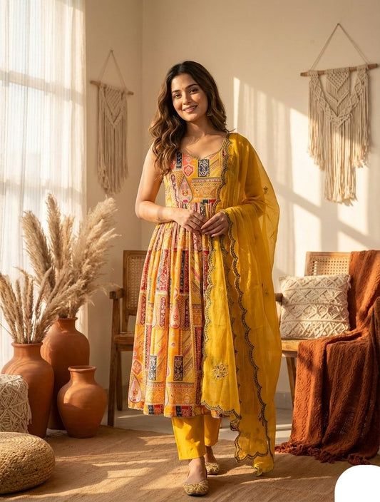 Yellow Modal Satin Anarkali Suit Set with Ethnic Patch Print & Organza Dupatta