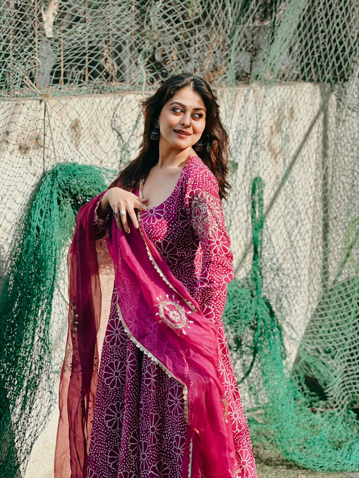 Magenta Chinon Anarkali Gown Set with Floral Bandhani Print & Dupatta