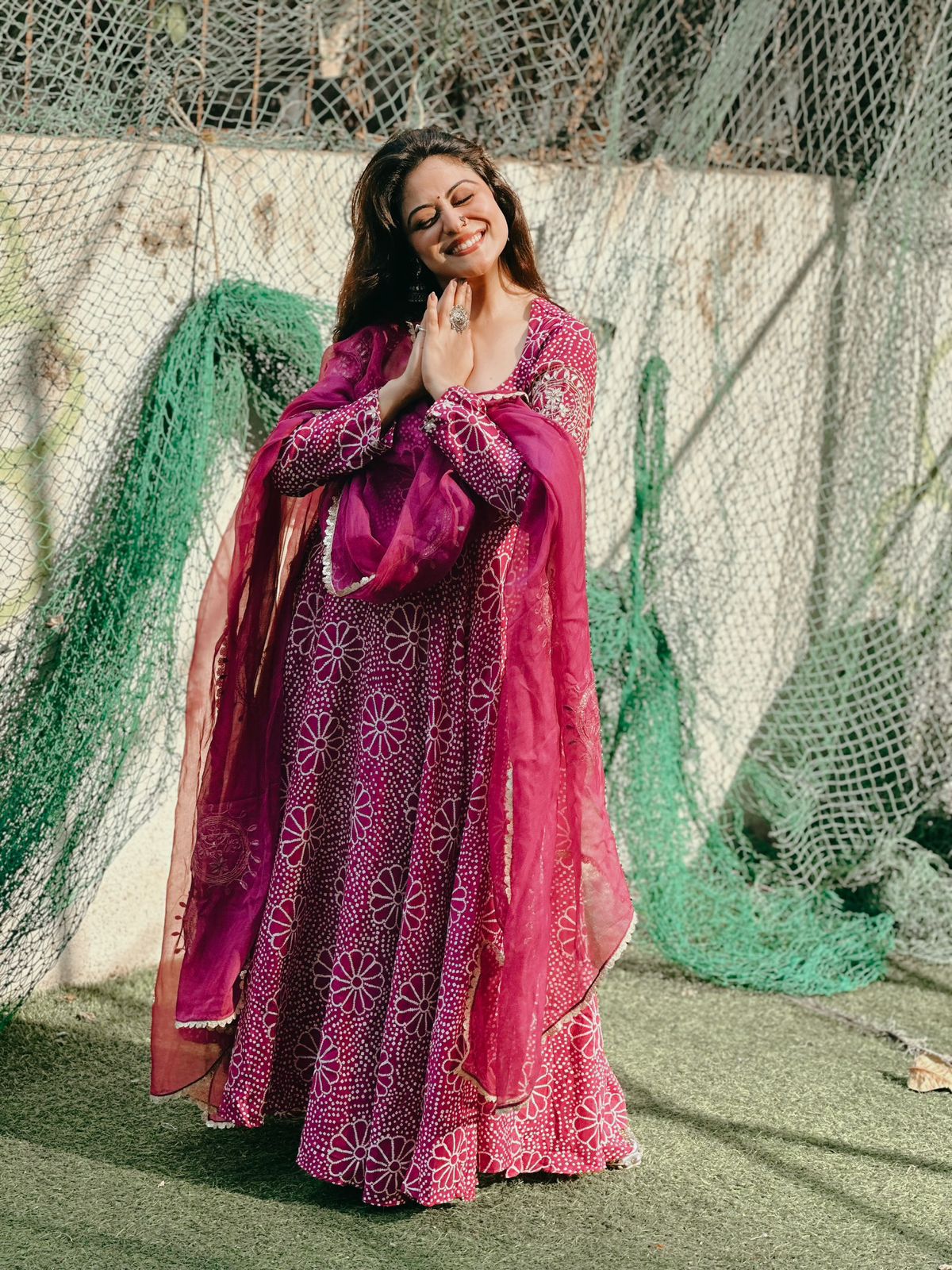 Magenta Chinon Anarkali Gown Set with Floral Bandhani Print & Dupatta
