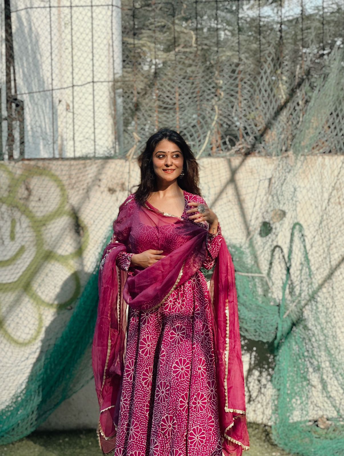 Magenta Chinon Anarkali Gown Set with Floral Bandhani Print & Dupatta