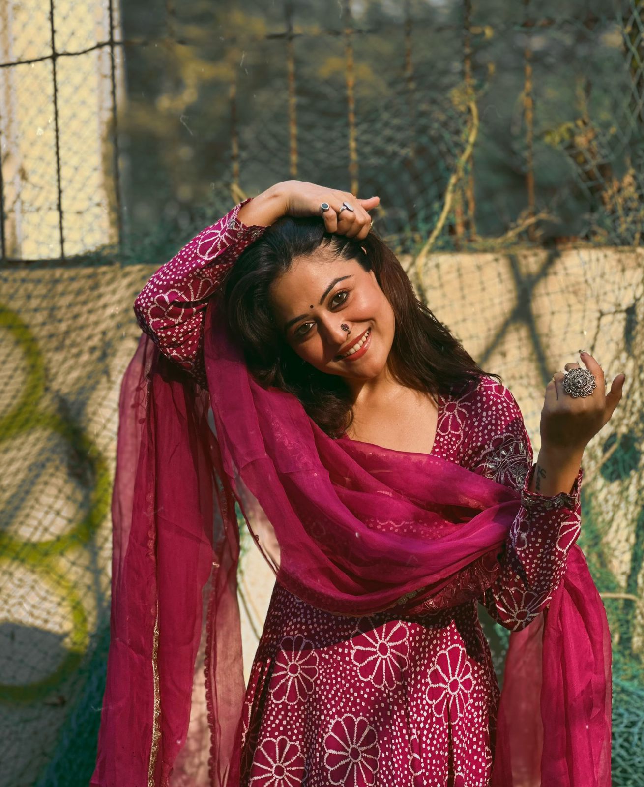 Magenta Chinon Anarkali Gown Set with Floral Bandhani Print & Dupatta